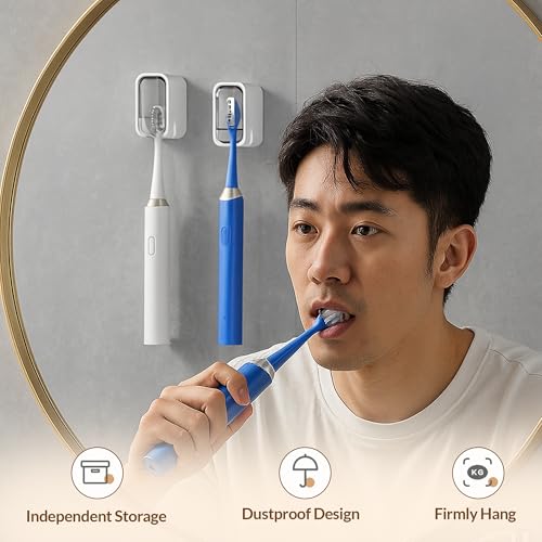 Homeaura Wall Mounted Toothbrush Holder with Dustproof Cover – 4PCS Self-Adhesive Toothbrush Storage Rack with Clear Window | Bathroom Organizer for Electric & Manual Brushes (Punch-Free Design) - Image 3