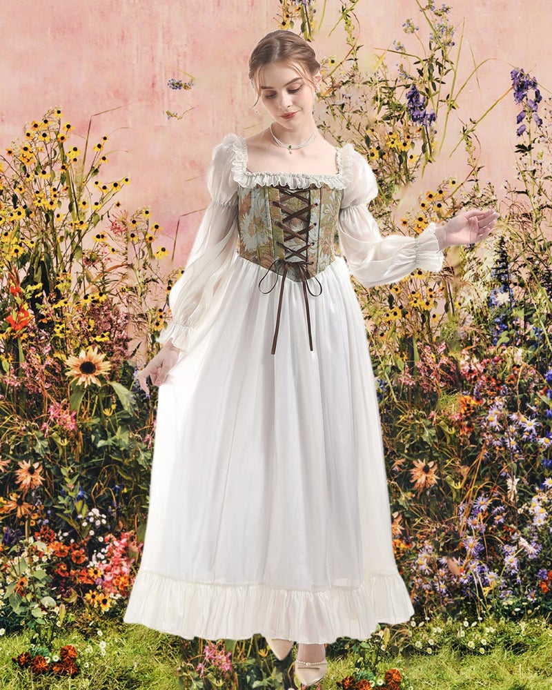 NSPSTT White Renaissance Dress Women Fairy Dress Victorian Medieval Costume, Fairy Green, XL - Image 3