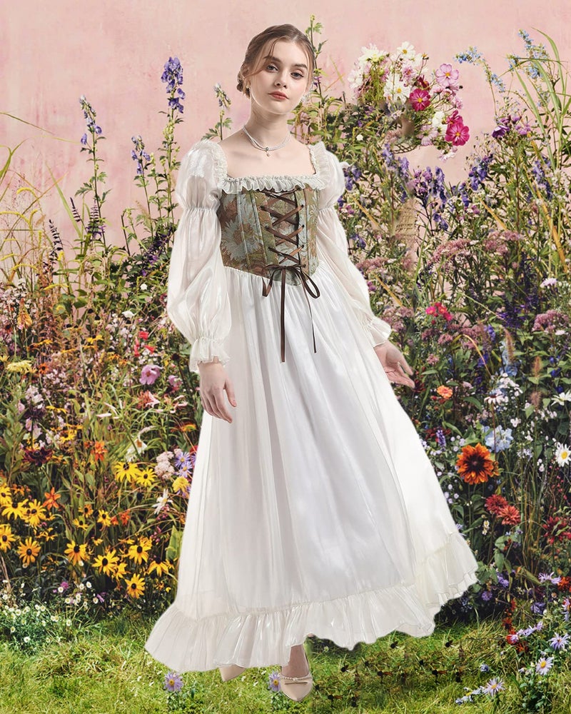 NSPSTT White Renaissance Dress Women Fairy Dress Victorian Medieval Costume, Fairy Green, XL - Image 2