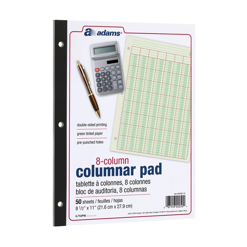 Adams Columnar Analysis Pad, 8 Column Ledger, 8.5" x 11", 100 Pages (50 Sheets), Green, 3 Hole Punch, for Accounting, Bookkeeping & Data (ACP85118) - Image 1