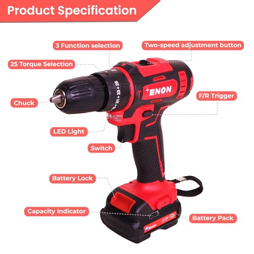 Enon 12.6V Cordless Impact Drill for Home Use, 82 Pcs Drill Kit, 2x1.5Ah Batteries,1500RPM, 22NM Torque, 25 Level Torque, Keyless Chuck 10mm, 2 Speed Modes 3 Functions, Magnetic Base (XE-CD1610) - Image 5