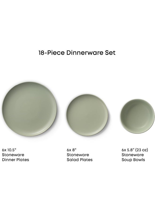 JoyJolt Mesa Stoneware Dinnerware Set 18Piece Plates and Bowls Sets Includes Dinner Plates Salad Plates and Cereal and Soup Bowls Modern Farmhouse Matte Sage Green Dish Set for 6 - Image 3