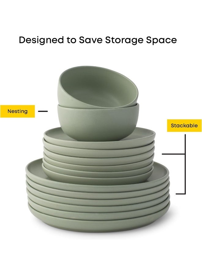 JoyJolt Mesa Stoneware Dinnerware Set 18Piece Plates and Bowls Sets Includes Dinner Plates Salad Plates and Cereal and Soup Bowls Modern Farmhouse Matte Sage Green Dish Set for 6 - Image 2