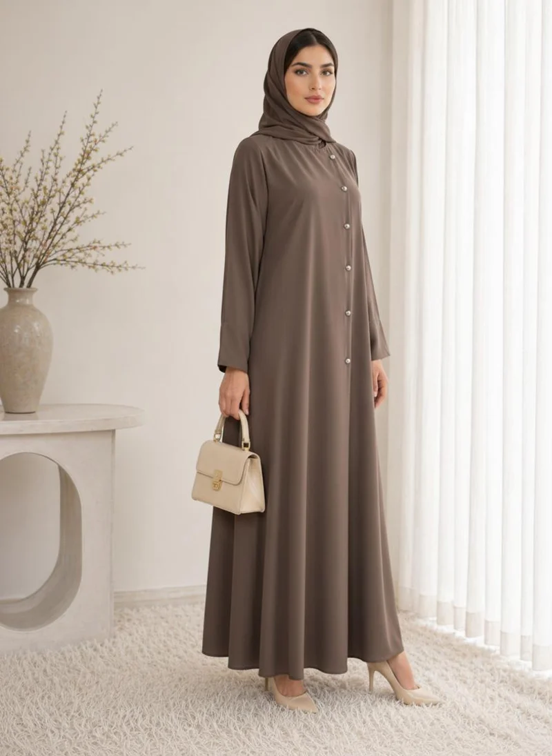 أم سكوير فاشن Brown Korean Nida Abaya I Asymmetrical Button Design with Matching Chiffon Headscarf