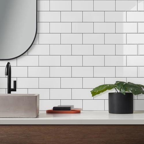 Vamos Tile بلاط فاموس 100 قطعة لامع أبيض نقي قابل للإزالة واللصق، بلاط مترو PVC بحجم 3''x6'' مع جراوت رمادي داكن، بلاط خلفي قابل للصق للمطبخ/الحمام/المدفأة - Image 3