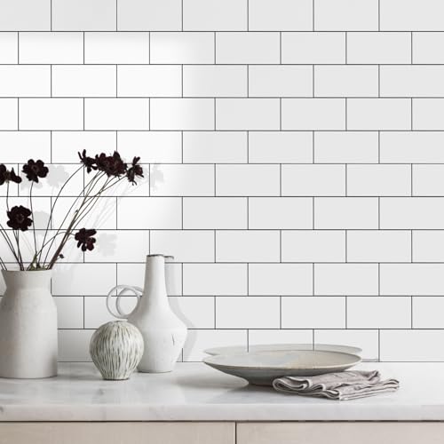Vamos Tile بلاط فاموس 100 قطعة لامع أبيض نقي قابل للإزالة واللصق، بلاط مترو PVC بحجم 3''x6'' مع جراوت رمادي داكن، بلاط خلفي قابل للصق للمطبخ/الحمام/المدفأة - Image 4