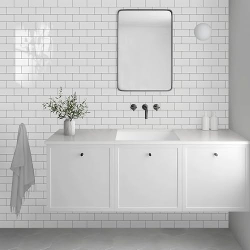 Vamos Tile بلاط فاموس 100 قطعة لامع أبيض نقي قابل للإزالة واللصق، بلاط مترو PVC بحجم 3''x6'' مع جراوت رمادي داكن، بلاط خلفي قابل للصق للمطبخ/الحمام/المدفأة - Image 5