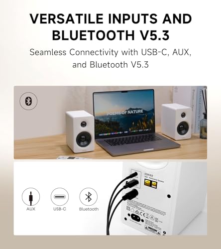 Edifier M60 Multimedia Speaker Bluetooth 5.3, 66W RMS, Hi-Res Audio & Hi-Res Wireless Audio, LDAC,3" Mid Bass & 1" Tweeter, USB-C & Aux Inputs, Compact Desktop Speaker - White - Image 5