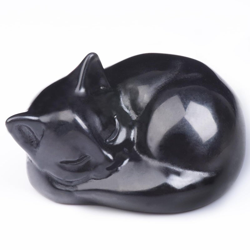 Ytbeoxk Cat Crystal Statue cat Sleeping Decor Healing Crystal Cute Kitten Figurines (Black Glossy Obsidian) - Image 1