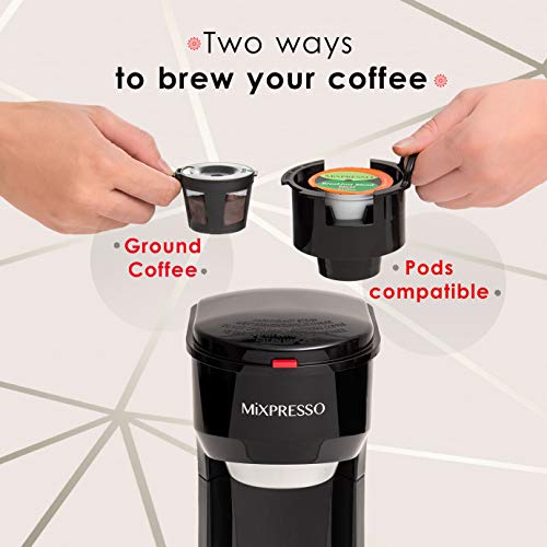 Mixpresso 2-in-1 Coffee Maker – Single Serve & Ground Coffee Brewer, Compact Personal Coffee Machine for Pods & Loose Grounds, Quick Brew 14 oz Portable Small Coffee Maker, Black - Image 3