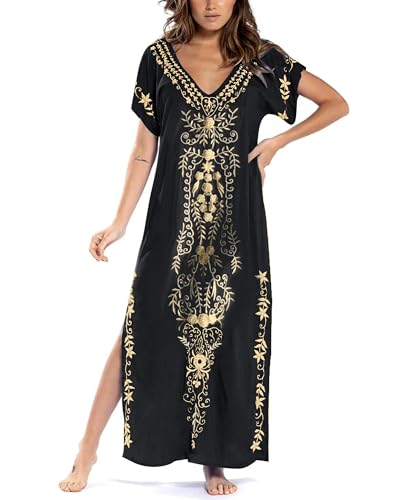 Bsubseach Busbseach Caftan Dresses for Women Embroidery Short Sleeve Beach Cover Up V Neck Maxi Kaftan Dress - Image 1