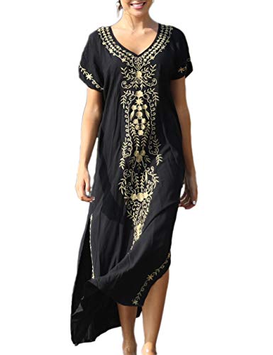 Bsubseach Busbseach Caftan Dresses for Women Embroidery Short Sleeve Beach Cover Up V Neck Maxi Kaftan Dress - Image 2