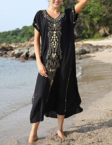 Bsubseach Busbseach Caftan Dresses for Women Embroidery Short Sleeve Beach Cover Up V Neck Maxi Kaftan Dress - Image 4