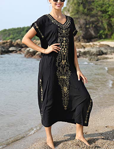 Bsubseach Busbseach Caftan Dresses for Women Embroidery Short Sleeve Beach Cover Up V Neck Maxi Kaftan Dress - Image 5