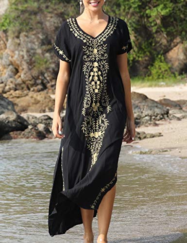 Bsubseach Busbseach Caftan Dresses for Women Embroidery Short Sleeve Beach Cover Up V Neck Maxi Kaftan Dress - Image 3