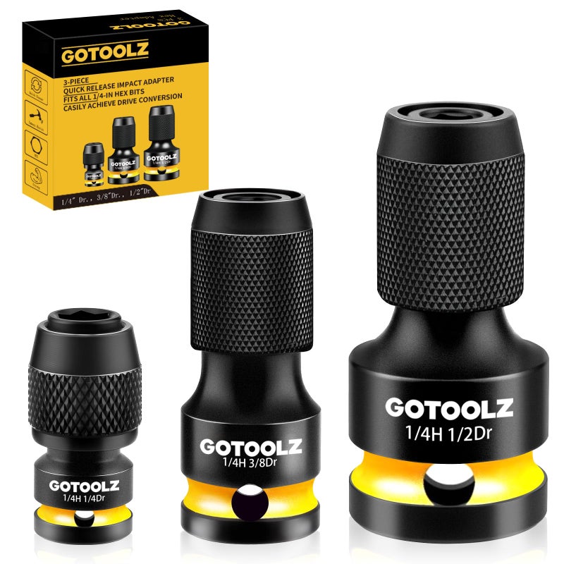 GOTOOLZ Quick Release Impact Bit Holder, 1/4 Inch Drive Female to 1/4 Inch Hex Adapter, Impact to 1/4 Hex Converter, Socket Adapters for Rapid Attach and Release (HC-3P) - Image 1