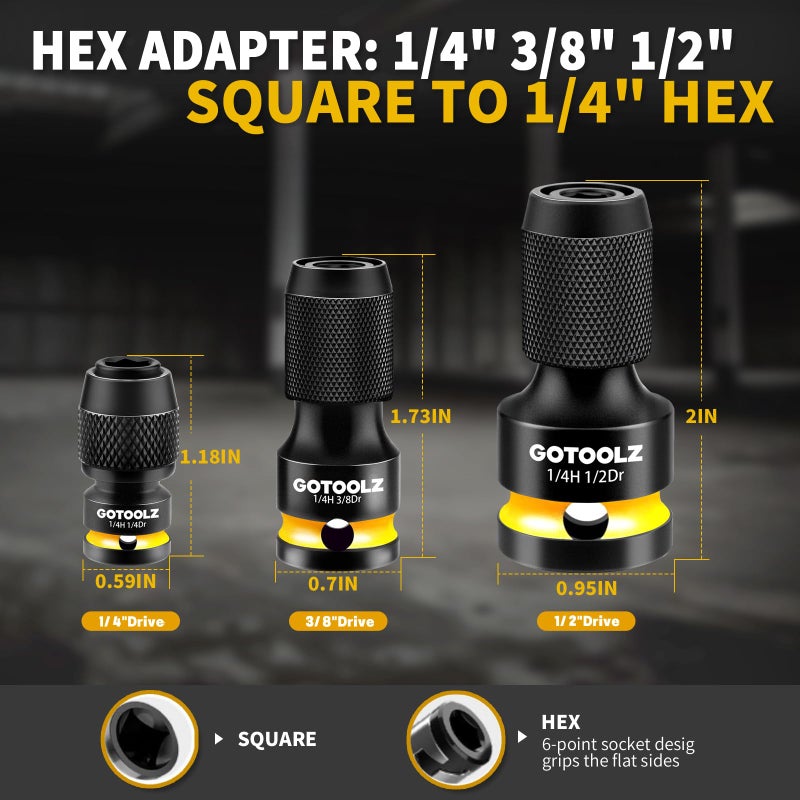 GOTOOLZ Quick Release Impact Bit Holder, 1/4 Inch Drive Female to 1/4 Inch Hex Adapter, Impact to 1/4 Hex Converter, Socket Adapters for Rapid Attach and Release (HC-3P) - Image 2