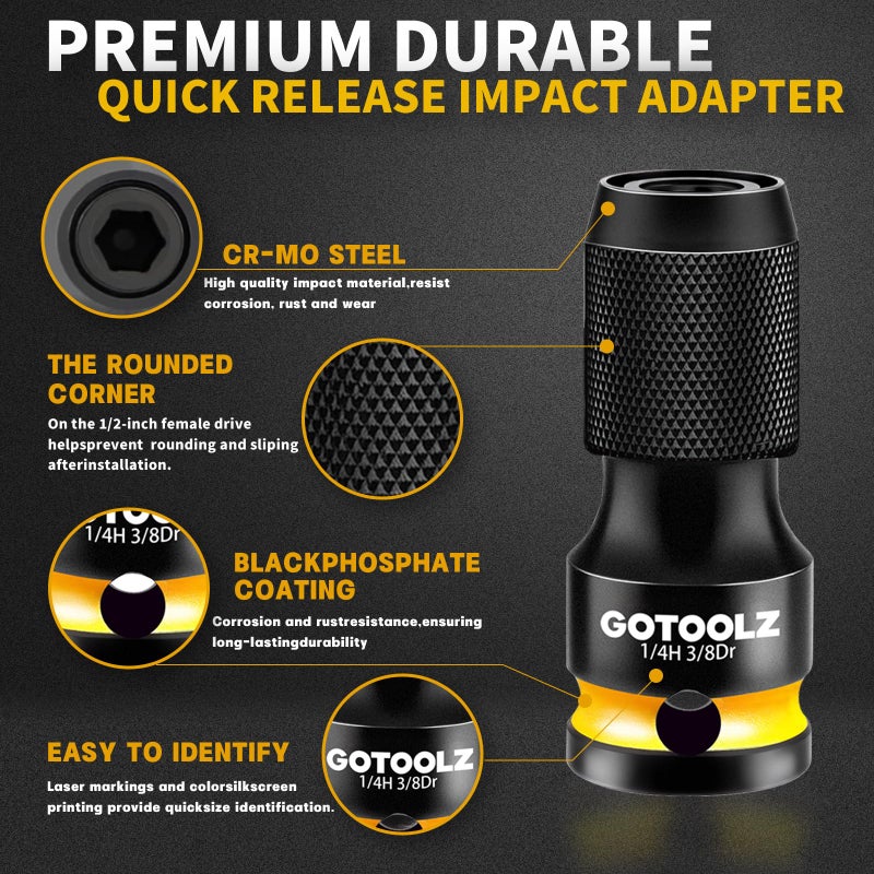 GOTOOLZ Quick Release Impact Bit Holder, 1/4 Inch Drive Female to 1/4 Inch Hex Adapter, Impact to 1/4 Hex Converter, Socket Adapters for Rapid Attach and Release (HC-3P) - Image 3