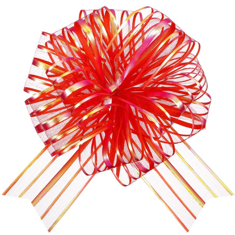 3A Featuretail 10pc Big Organza Pull Bow Flower Ribbon 2InchX35 Inch Long Tulle Tails for Gift Wrap, Wedding &Christmas Gift. 6Inchx6Inch Ready Size (Red Color, Set of 10) - Image 4