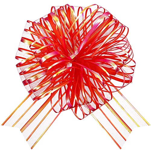 3A Featuretail 10pc Big Organza Pull Bow Flower Ribbon 2InchX35 Inch Long Tulle Tails for Gift Wrap, Wedding &Christmas Gift. 6Inchx6Inch Ready Size (Red Color, Set of 10) - Image 1