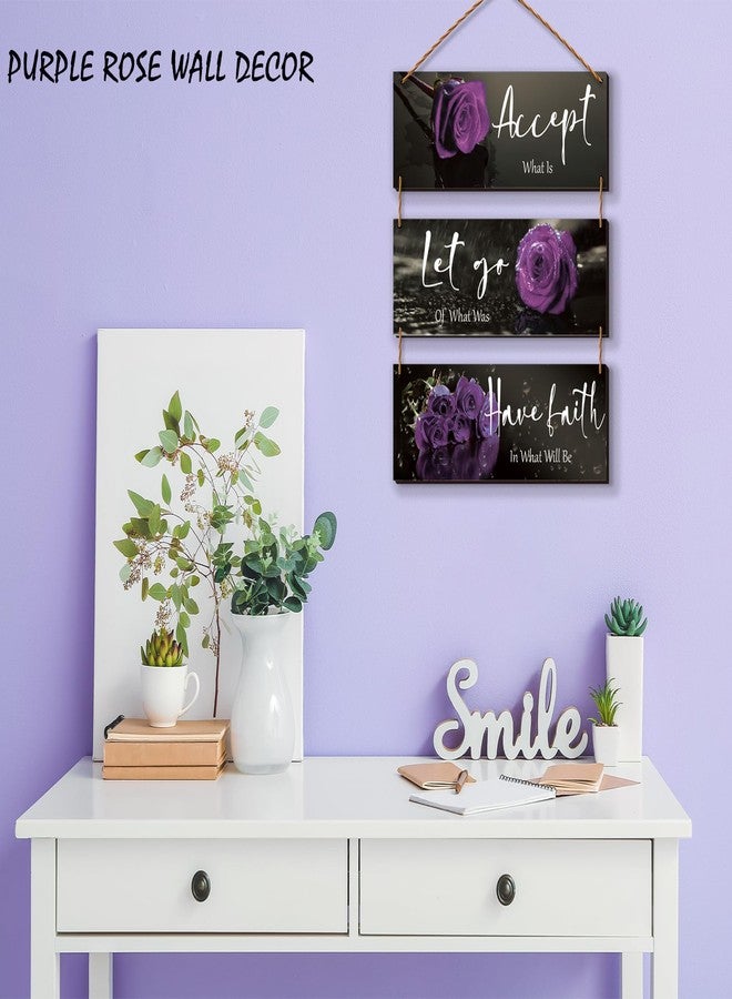 ZINYAZHE 3 Pcs Purple Bathroom Decor Inspirational Wall Decor Wooden Rose Wall Art Bedroom Wall Art With Accept Let Go Have Faith Quotes For Girl Women Office Living Room(Purple 10 x 4 Inch) - Image 2
