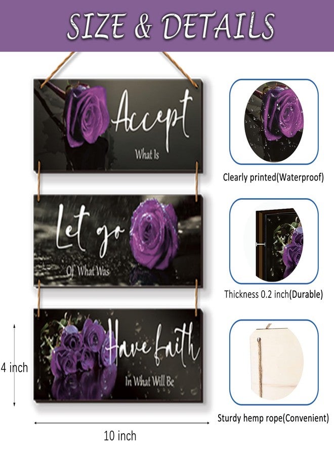 ZINYAZHE 3 Pcs Purple Bathroom Decor Inspirational Wall Decor Wooden Rose Wall Art Bedroom Wall Art With Accept Let Go Have Faith Quotes For Girl Women Office Living Room(Purple 10 x 4 Inch) - Image 3