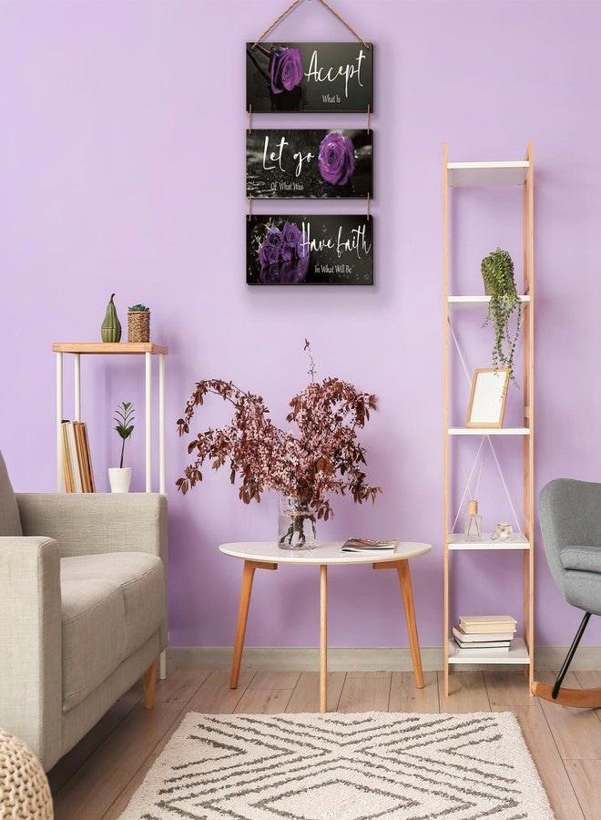 ZINYAZHE 3 Pcs Purple Bathroom Decor Inspirational Wall Decor Wooden Rose Wall Art Bedroom Wall Art With Accept Let Go Have Faith Quotes For Girl Women Office Living Room(Purple 10 x 4 Inch) - Image 4