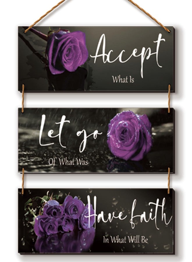 ZINYAZHE 3 Pcs Purple Bathroom Decor Inspirational Wall Decor Wooden Rose Wall Art Bedroom Wall Art With Accept Let Go Have Faith Quotes For Girl Women Office Living Room(Purple 10 x 4 Inch) - Image 1