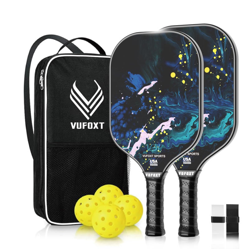 VUFOXT Pickleball Paddles Set of 2, USAPA Approved 99.99% Carbon Fiber Surface Pickleball Sets PP Honeycomb Core Pickleball Rackets, Lightweight Paddles with 4 Balls 1 Bag for Beginners Medium (Blue Waves) - Image 1