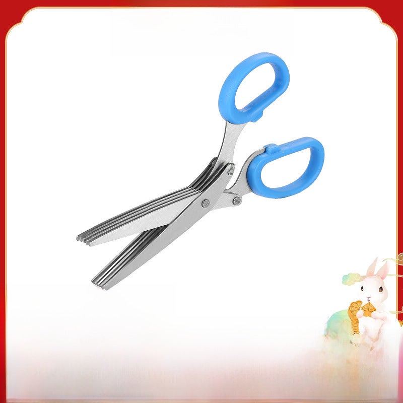 Five-layer onion scissors oblique stainless steel onion scissors paper scissors seaweed food scissors household kitchen multi-layer scissors(Three-layer blue oblique onion scissors sweeper set card packaging) - Image 2