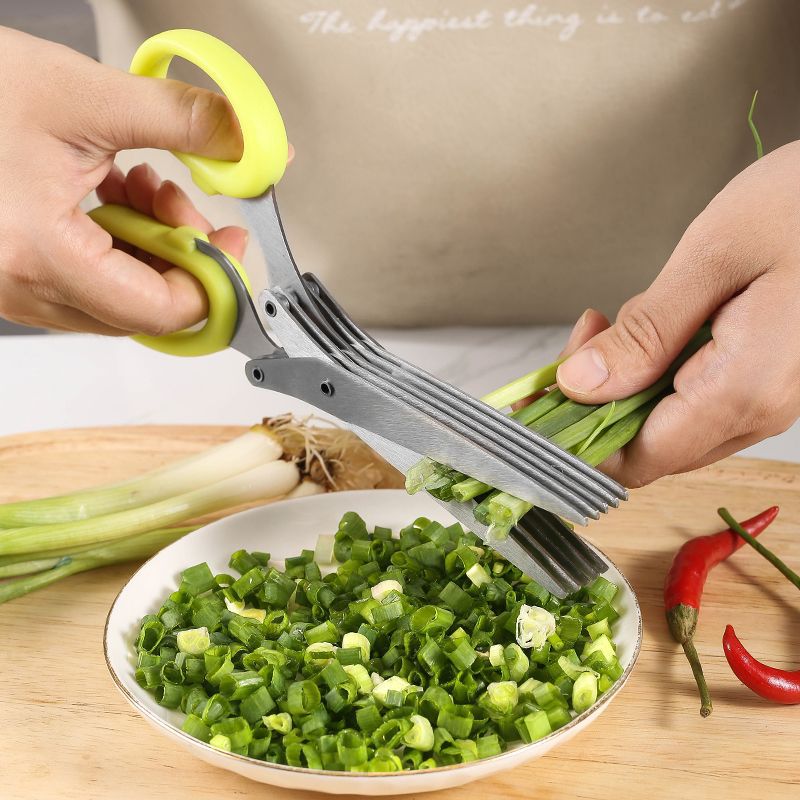 Five-layer onion scissors oblique stainless steel onion scissors paper scissors seaweed food scissors household kitchen multi-layer scissors(Three-layer blue oblique onion scissors sweeper set card packaging) - Image 4