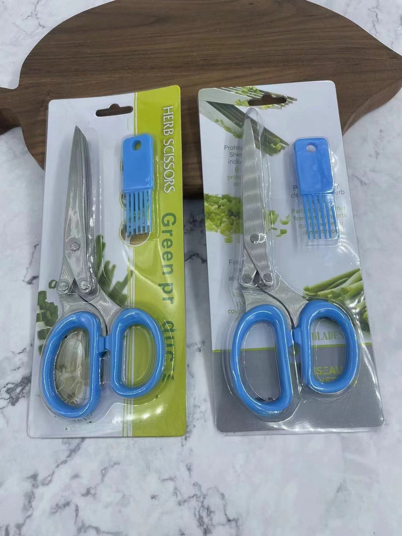 Five-layer onion scissors oblique stainless steel onion scissors paper scissors seaweed food scissors household kitchen multi-layer scissors(Three-layer blue oblique onion scissors sweeper set card packaging) - Image 1
