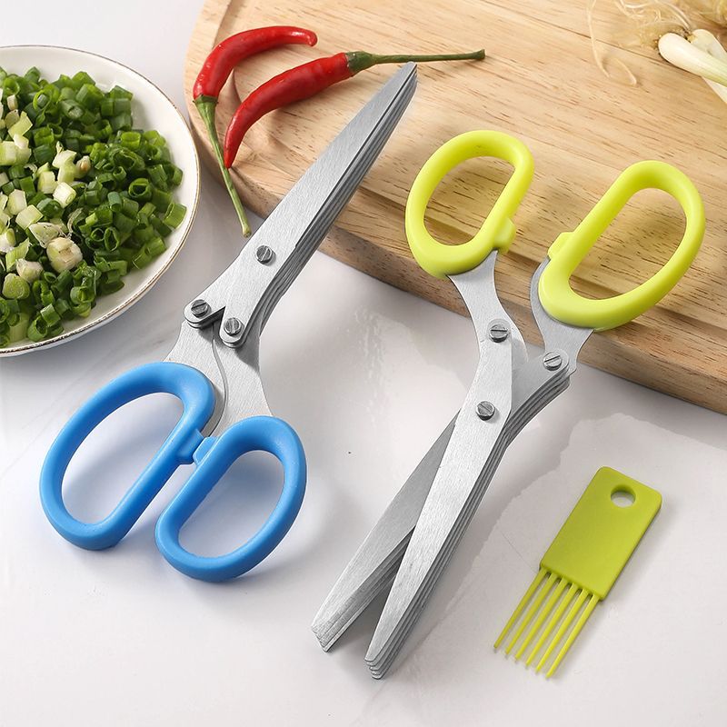 Five-layer onion scissors oblique stainless steel onion scissors paper scissors seaweed food scissors household kitchen multi-layer scissors(Three-layer blue oblique onion scissors sweeper set card packaging) - Image 3