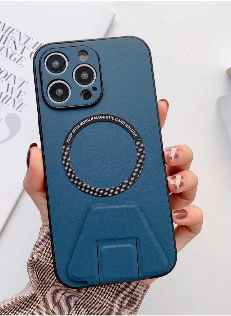 LEEKA - iPhone 14 Pro LEEKA Magsafe Wireless Charging Mobile Phone Leather Case For iPhone 14 Plus 13 Mini 12 11 Pro Max XS XR Buckle Ring Stand Back Cover apple iPhone 14 Pro (Blue) - Image 1