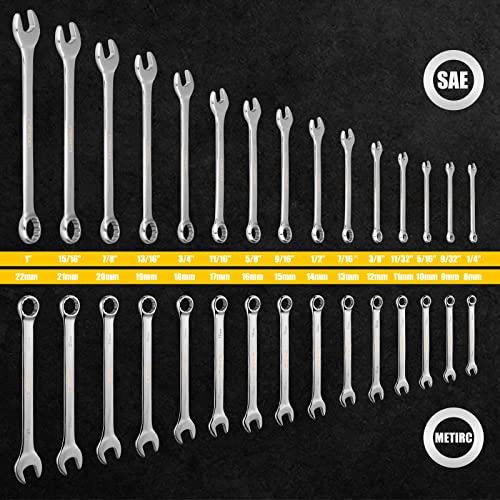 DEKOPRO Combination Wrench Set, SAE&Metric, 30-piece, 1/4'' to 1'' & 8-22mm, 12-Point, Chrome Vanadium Steel, with Plastic Tray - Image 2
