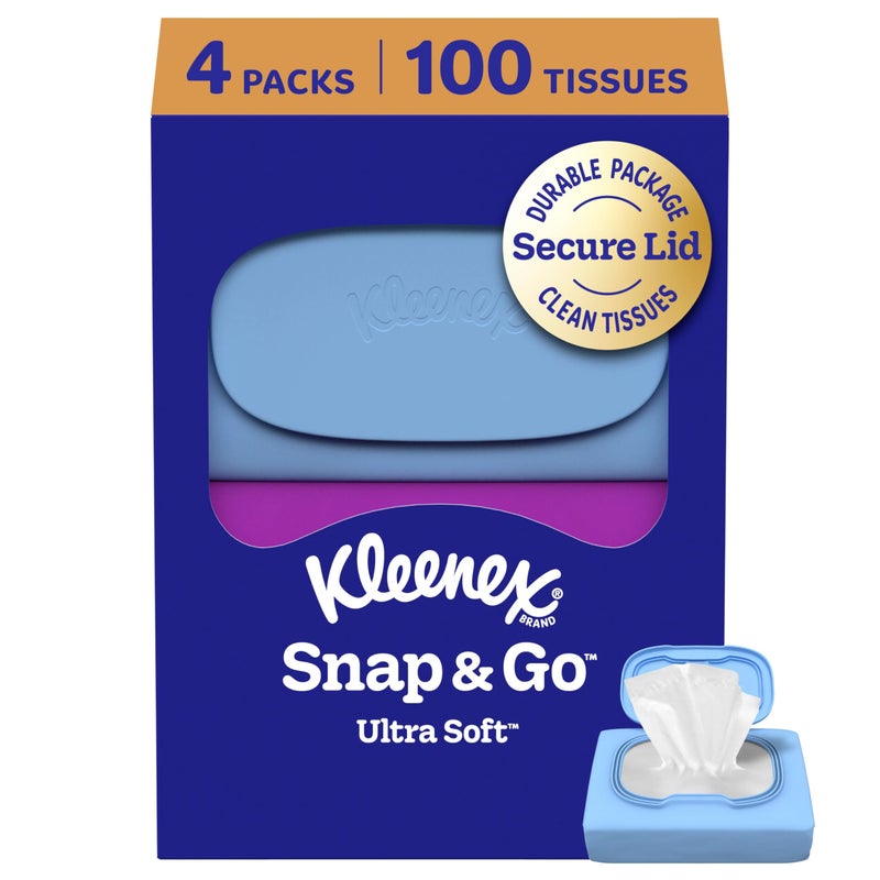 Kleenex مناديل كلينكس سناب آند غو فائقة النعومة، 4 عبوات للسفر، 25 منديل في العبوة، 3 طبقات، قد يختلف التغليف - Image 1