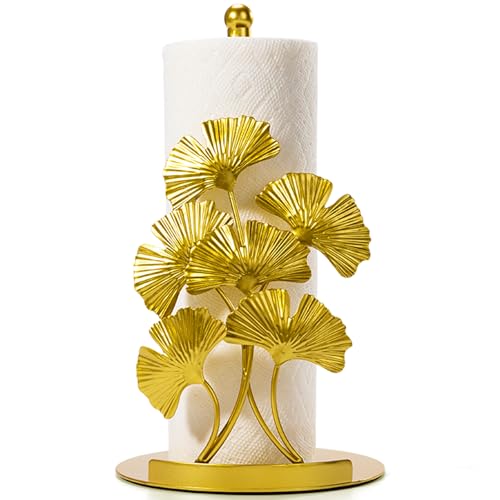 Shinlar Vintage Gold Ginkgo Paper Towel Holder Countertop Gold Kitchen Decor and Accessories Luxury Housewarming Gifts for Women 3D Ornate Leaf Textured Retro Design Home Decor Weighted Base Felt Pad - Image 1