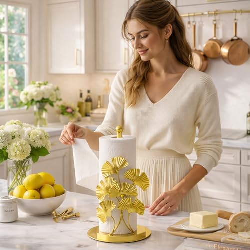 Shinlar Vintage Gold Ginkgo Paper Towel Holder Countertop Gold Kitchen Decor and Accessories Luxury Housewarming Gifts for Women 3D Ornate Leaf Textured Retro Design Home Decor Weighted Base Felt Pad - Image 3