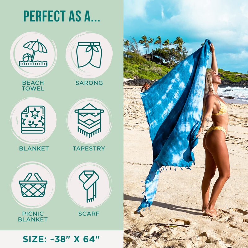 Sand Cloud Turkish Beach Towel - Sand Free - 100% Organic Turkish Cotton Yarn - Quick Dry Towel for Beach, Picnic Blanket or Throw - As Seen on Shark Tank - Tie Dye (Blue Acid Wash) - Image 3
