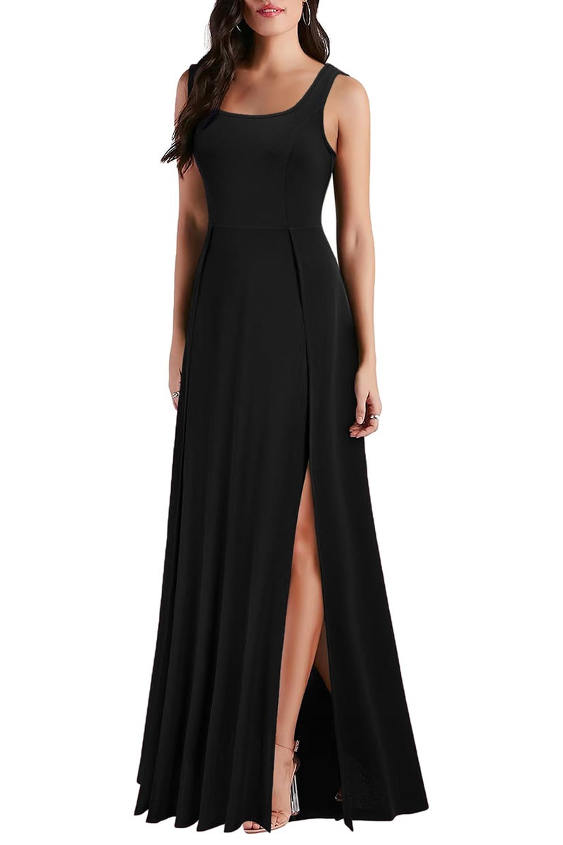 MUSHARE Women's Square Neck Sexy Split Cocktail Party Maxi Long Formal Dress Black - Image 3