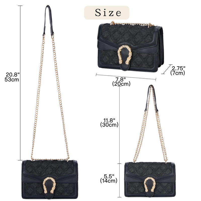 DEEPMEOW Womens Quilted Crossbody Shoulder Purse - Fashion Denim Handbag with Chain Strap Casual Mini Square Messenger Bagï¼ˆBlackï¼‰ - Image 4