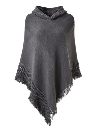 Ferand Ladies Hooded Cape with Fringed Hem Crochet Poncho Knitting Patterns for Women Grey