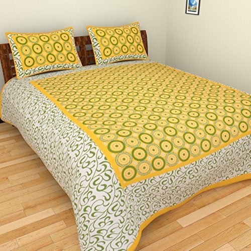 ART WORLD Double Bed Sheet with Pillow Covers Pure Cotton Rajasthani Jaipuri Traditional Printed Bed Cover (Queen Size, Yellow) - Image 4