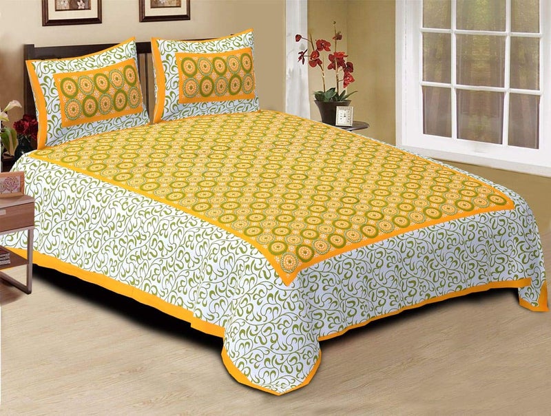 ART WORLD Double Bed Sheet with Pillow Covers Pure Cotton Rajasthani Jaipuri Traditional Printed Bed Cover (Queen Size, Yellow) - Image 1