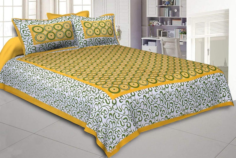 ART WORLD Double Bed Sheet with Pillow Covers Pure Cotton Rajasthani Jaipuri Traditional Printed Bed Cover (Queen Size, Yellow) - Image 2