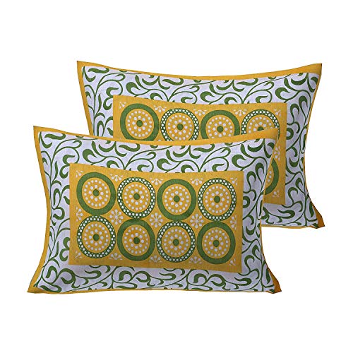 ART WORLD Double Bed Sheet with Pillow Covers Pure Cotton Rajasthani Jaipuri Traditional Printed Bed Cover (Queen Size, Yellow) - Image 3