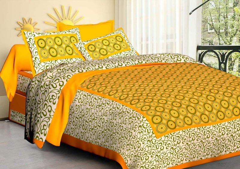 ART WORLD Double Bed Sheet with Pillow Covers Pure Cotton Rajasthani Jaipuri Traditional Printed Bed Cover (Queen Size, Yellow) - Image 5