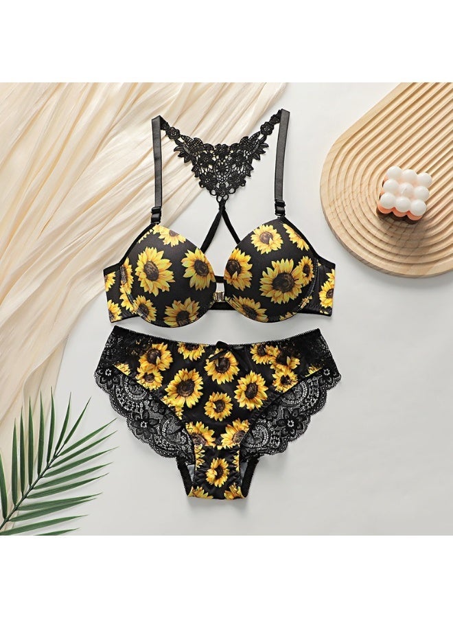 Women Sunflower Print Push Up Bra & Panty Set, 3/4 Cup Underwire Front Closure Lace Trim - Image 1