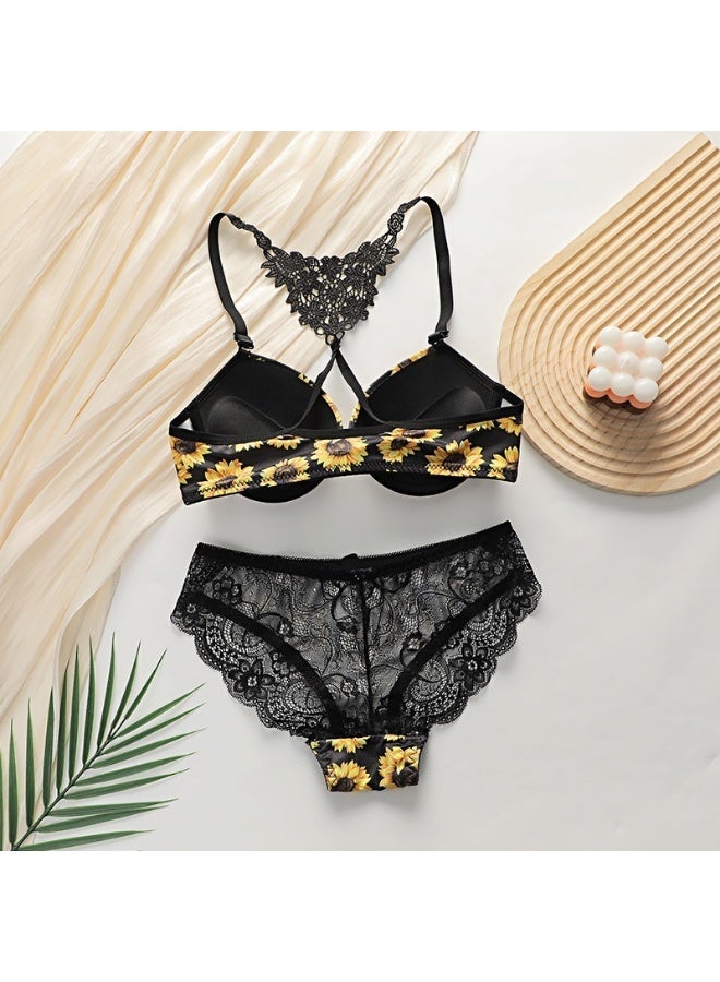 Women Sunflower Print Push Up Bra & Panty Set, 3/4 Cup Underwire Front Closure Lace Trim - Image 2