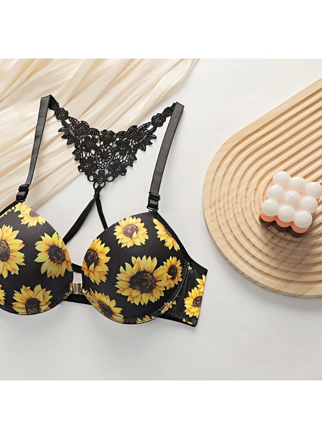 Women Sunflower Print Push Up Bra & Panty Set, 3/4 Cup Underwire Front Closure Lace Trim - Image 3